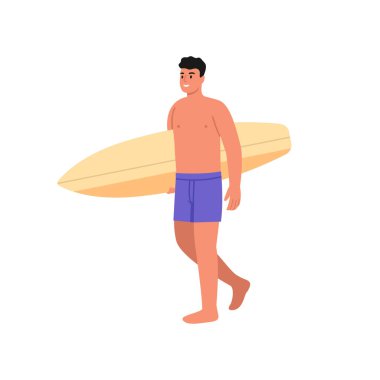 Gülümseyen bir erkek sörfçünün vektör çizimi. Mayo giymiş yakışıklı, zayıf bir adamın beyaz bir arka planda izole edilmiş sörf tahtasıyla yürüdüğü karikatür sahnesi. Aktif eğlence. Su sporu.