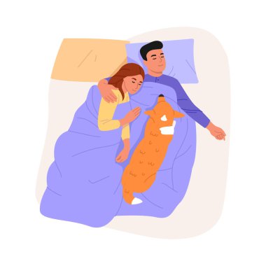 Yatakta uyuyan bir kızla bir oğlanın vektör çizimi. Mutlu bir çiftin, bir kızın, bir evcil hayvanın, bir köpeğin beyaz bir arka planda izole bir şekilde yatakta uyuduğu bir çizgi film sahnesi..
