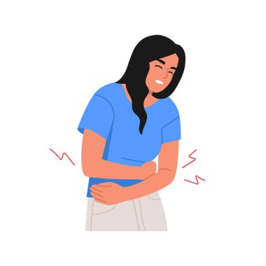 Vector illustration of a girl feeling pain in her stomach. Cartoon scene of a girl suffering, bending over from sharp pain in her stomach isolated on white background. Menstrual cramps. Chronic pain. clipart