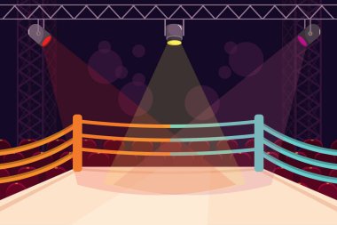 Güzel bir boks ringinin temsilcisi. Kırmızı, sarı, pembe ışıklar, paneller ve koltuklu oditoryum altındaki dövüşler için çizgi film sahnesi boks ringleri. Kare şeklinde spor sahası.
