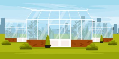 Bitkilerle dolu modern bir seranın vektör çizimi. Çizgi film manzarası seralar ve çeşitli bitkiler, saksılar, binalar, çalılar, yeşil çimenler, mavi gökyüzü. Bahçıvanlık. Büyüyen bitkiler.