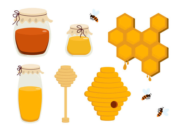 Набор полезного меда в мультяшном стиле. Векторная иллюстрация меда в банках, сотах, пчелах, улье с отверстием, деревянном ведре, изолированном на белом фоне. Различные мед: цветочный, гречиха, липа.