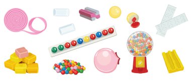 Çizgi film tarzında renkli sakızlar. Farklı tatlıların vektör çizimi beyaz arkaplandaki farklı tatları içeren paketlerdeki sakızlarla.