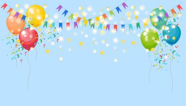 Güzel bir şenlik arka planının vektör çizimi. Çizgi film mavi arka plan renkli balonlar, çelenkler, flamalar: sarı, kırmızı, turuncu, yeşil, mavi, mor. Parlak ve sarı renklendirmeler.