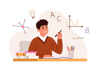 Matematik egzersizlerini çözen bir öğrencinin vektör çizimi. Çizgi film sahnesinde elinde kalemlerle masada oturan, elinde kalem tutan ve ödev yapan bir çocuk geometri, fikir ampulü, beyaz arka planda izole edilmiş..