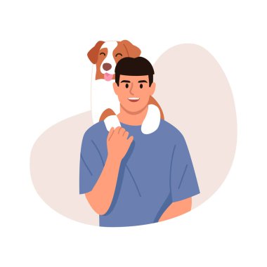 Evcil hayvanı olan gülümseyen bir adamın vektör çizimi. Mavi tişörtlü mutlu bir adamın beyaz arka planda izole edilmiş bir köpeği omuzlarında tuttuğu karikatür sahnesi. Hayvanla ilgilenmek. Sahibi ve köpeği.