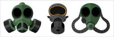 Çizgi film tarzında farklı gaz maskeleri. Maskeli gaz maskelerinin vektör çizimi, hava tedarik sistemi, beyaz arka planda izole edilmiş filtreler. Radyasyona karşı koruma, zehirli maddeler..