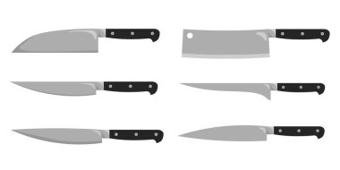 Çizgi film tarzında keskin bıçaklar. Mutfak aletlerinin vektör çizimi, bıçaklı şef bıçakları, beyaz arka planda izole edilmiş farklı şekil ve boyutlarda saplar. Ürünleri kesmek için bıçaklar.
