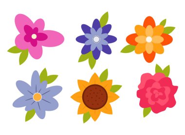 Güzel bir bahar seti, çizgi film tarzında yaz çiçekleri. Biçimlendirilmiş çiçeklerin vektör çizimi: pembe, mavi, turuncu, taç yapraklı sarı, ortada, beyaz arkaplanda izole edilmiş yeşil yapraklar.