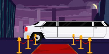 Lüks limuzinli vektör illüstrasyon şehri. Çizgi film yıldızı beyaz limuzin, kırmızı halı, ip bariyeri, modern yüksek binalar. VIP partisi. Büyük törene ünlüler geliyor..