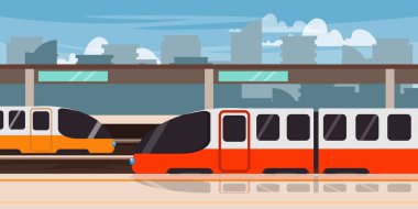 Modern metro demiryolunun vektör çizimi. Metro platformunun olduğu karikatür sahnesi, hızlı trenler, sütunlu binalar, işaretler, yüksek binalar, gökyüzü. Yolcu ve bagaj taşımacılığı.
