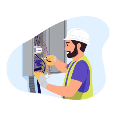 Elektrikçi uzmanının vektör çizimi. Elektrikçinin kabloları taksimetre ile tamir ettiği karikatür sahnesi koruyucu eldivenler, kerpeten, yelek giymiş, beyaz arka planda izole edilmiş miğfer..