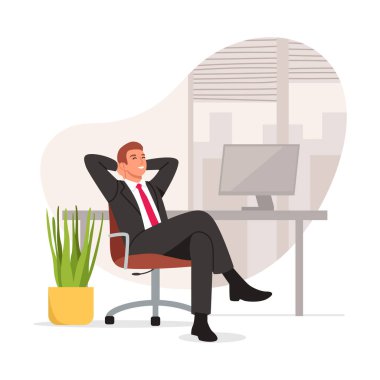 Ofiste rahatça oturan bir iş adamının vektör çizimi. Koltuğunda oturan gülümseyen bir iş adamının karikatür sahnesi, bilgisayarlı bir masaüstü, beyaz arka planda izole edilmiş bir saksı..