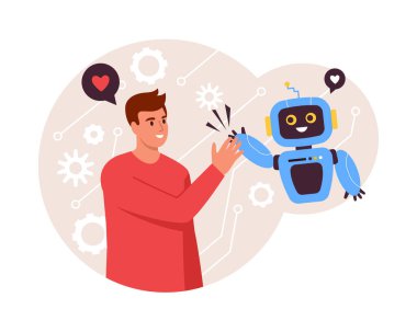 İnsan ve yapay zekanın vektör çizimi. Kırmızı tişörtlü yakışıklı bir adamın karikatür sahnesi, bir robota selamlar, beyaz arka planda beş izole edilmiş. Bir robotla arkadaşlık..