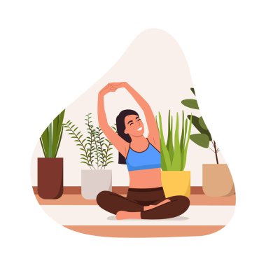 Yoga yaparken gülümseyen bir kızın vektör çizimi. Lotus pozisyonunda oturan bir kızın çizgi film sahnesi. Kolları havada, spor kıyafetleriyle spor yapıyor, beyaz arka planda izole halde. Meditasyon.