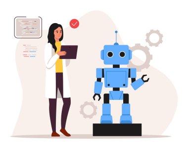 Yapay zeka kullanan bir kadının vektör çizimi. Tablete bakan, robot asistanla çalışan, beyaz arka planda izole edilmiş bir kadının karikatür sahnesi. Yazılım geliştiricisi. Modern teknoloji.