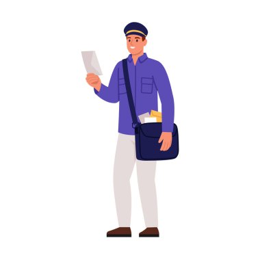 Erkek postacının vektör çizimi. Beyaz bir arka planda izole edilmiş, bir çanta dolusu kağıt harfle kepli, tişörtlü, gülümseyen bir adamın karikatür sahnesi. Mektup dağıtır, adreslere yazar..