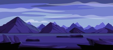 Güzel bir gece dağ manzarasının vektör çizimi. Karanlık bir gecenin karikatür sahnesi, dağlar yüksek, alçak, kuleler ve yuvarlak tepeler, gökyüzü, nehir, gölgeler, kayalar, siluetler.