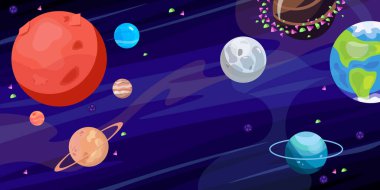 Doğal uzay nesneleriyle güzel uzayın vektör çizimi. Gök cisimlerinin, astronomik cisimlerin, büyük ve küçük gezegenlerin, asteroitlerin, göktaşlarının olduğu güneş sisteminin karikatür sahnesi..