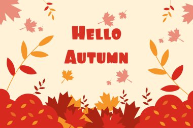 Vektör illüstrasyon sonbahar arka planı, Merhaba sonbahar. Sonbahar akçaağaç yapraklı, büyük ve küçük yapraklı, yapraklı, çalılı, yazıtlı güzel bir çizgi film. Merhaba sonbahar kartı..