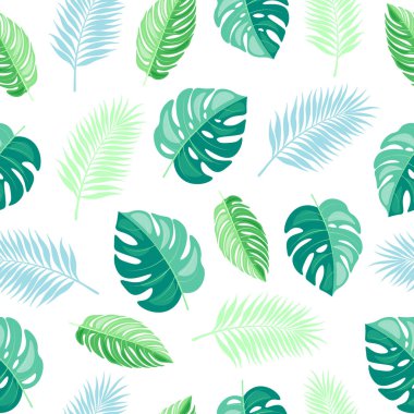 Çizgi film tarzında tropikal bitkilerle kusursuz desen. Egzotik yapraklı güzel desenlerin vektör çizimi: canavar, palmiye, muz yaprakları beyaz arka planda izole edilmiş. Paket kağıdı, kumaşlar.