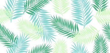 Çizgi film tarzında tropikal yaprakları olan kusursuz bir arka plan. Beyaz arka planda izole edilmiş pastel yeşil tonların güzel egzotik palmiye yapraklarının vektör çizimi. Bitki arkaplanı. Paketler, örtüler..