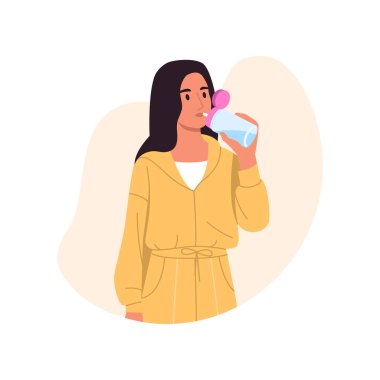 Susamış bir kızın su içmesinin vektör çizimi. Spor takım elbiseli, tişörtlü, beyaz arka planda izole edilmiş bir şişeden su içen güzel bir kızın karikatür sahnesi. Su dengesini korumak.