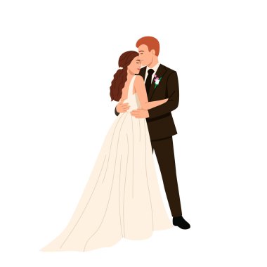 Aşık gelin ve damadın vektör çizimi. Beyaz arka planda izole edilmiş evli çiftlerin kucaklaşmalarının olduğu çizgi film sahnesi. Beyaz elbiseli gelin, gür saçlı, yaka çiçekli siyah takım elbiseli damat..
