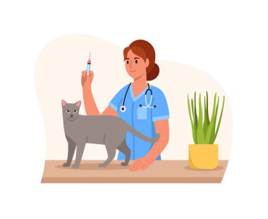Bir veteriner doktorun vektör çizimi. Kadın bir veterinerin karikatür sahnesi, elinde bir şırınga, masada duran bir kedi, beyaz bir arka planda izole edilmiş bir saksı..