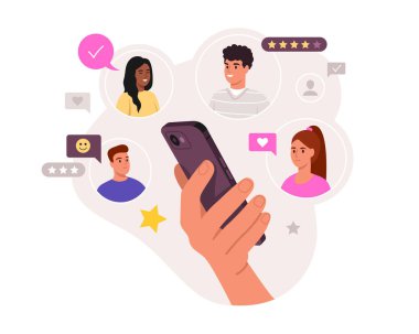 Çevrimiçi iletişimin vektör illüstrasyonu. Çizgi film yapımcısı akıllı telefonu tutuyor, arkadaşlarla, sosyal ağlarla, kalplerle, gülücüklerle, yıldızlarla sohbet ediyor, beyaz arka planda izole edilmiş..