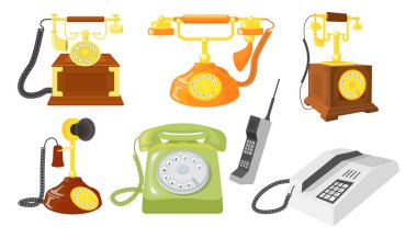 Çizgi film tarzında güzel antika telefonlar. Evin vektör çizimi, kablolu ofis telefonları, alıcılar, yuvarlak arama, beyaz arka planda izole düğmeler. Sabit hat ve cep telefonları.