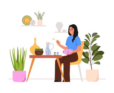 Çömlek atölyesindeki bir kızın vektör çizimi. Bir sandalyede oturan bir kızın karikatür sahnesi. Tabaklı bir masa..