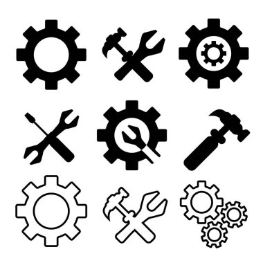 Koyu renkli simgeler, ana hatlar ve çizgi film tarzında araçlar. Araçlar, dişliler, anahtarlar, çekiçler, tornavidalar, bakım, beyaz arkaplan izole grafik simgeleri vektör ilülasyonu.