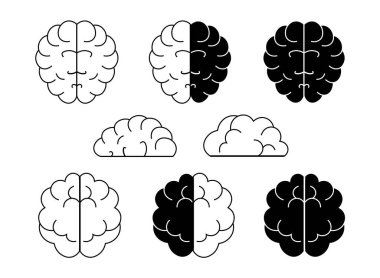 Çizgiler, çizgi film tarzında beynin karanlık siluetleri. Beyaz arka planda izole edilmiş beyin, zeka, sağ ve sol yarımkürelerin grafik simgelerinin vektör çizimi.