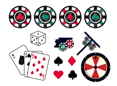 Çizgi film tarzında bir dizi kumarhane poker elemanı. Kumarın temsili: çipler, zarlar, iskambil kağıtları, beyaz arka planda izole edilmiş şans çarkı. Kart oyunları. Turnuva yarışmaları.