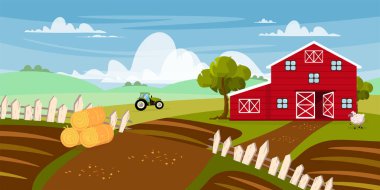 Çiftçilikle tarımsal manzaranın vektör çizimi. Güzel kırmızı çiftlik binası, traktör, otlak, sürülmüş arazi, saman yığınları, ahşap çitler, koyunlar, ağaçlar, yapraklar, gökyüzü, bulutlar..