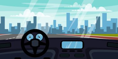 Bir arabanın içinden şehrin güzel bir görüntüsünün vektör çizimi. Bir arabanın içindeki çizgi film sahnesi, direksiyon, cam, çeşitli şekillerde modern binalar, boyutlar, asfalt, yol, beyaz bulutlu gökyüzü..