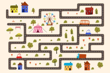 Labirent oyununun güzel üst görüntüsünün vektör illüstrasyonu. Çocuk oyunu, labirent: yol, evler, dönme dolap, sirk, otobüsler, arabalar, çiçekler, bej arka planda izole edilmiş onarım tabelaları..