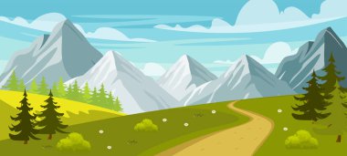 Sakin dağ manzarasının vektör çizimi. Farklı boyutlardaki dağlar, patikalar, yeşil yamaçlar, tepeler, köknar ağaçları, çalılar, beyaz çiçekler, çimenler, gökyüzü, bulutlar. Doğanın güzelliği.