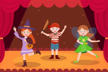 Sahnedeki sevimli karakterlerin temsili. Gülen cadının cadılar bayramı balkabağı, korsan, kılıç ve perili bir çizgi film sahnesi. Sihirli değnekle sahnede perdelerle, aydınlatmayla....