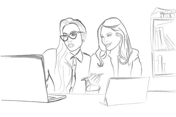 两个女人在办公室的笔记本电脑上工作 矢量说明 — 图库矢量图片