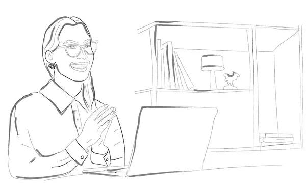 Žena Která Online Schůzku Kanceláři Vektorové Ilustrace — Stockový vektor