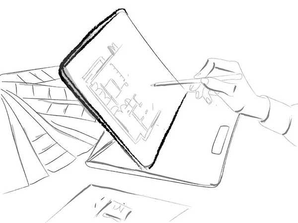 Rysuję Wektorze Tabletu Close Plan Projektowanie Sztuki Cyfrowej Tworzenie — Wektor stockowy