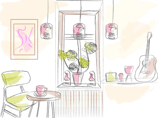咖啡屋的现代内部装饰有矢量水彩画 — 图库矢量图片