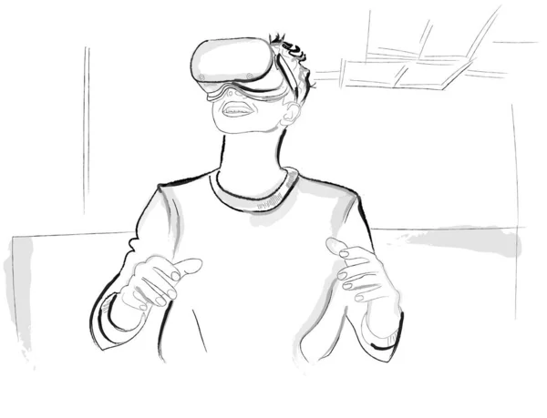 Vrメガネベクトルストーリーボードを身に着けている男の子 Metaverseデジタル仮想現実の概念における革新とコミュニケーション — ストックベクタ