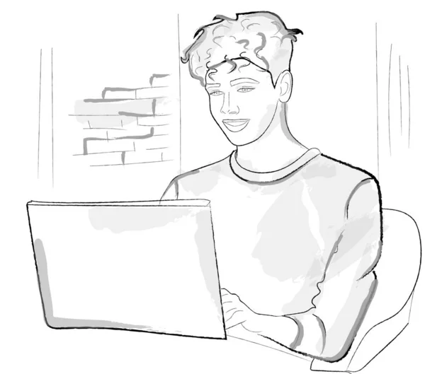 在笔记本电脑上工作的小男孩 快乐青少年矢量故事板 — 图库矢量图片