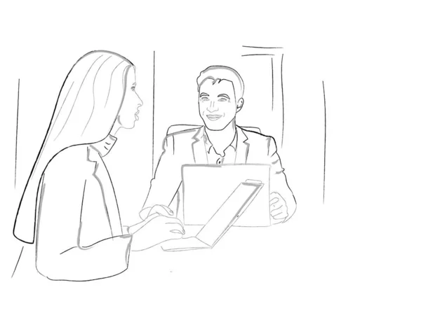 Trabajo Equipo Hombre Trabajando Oficina Con Una Mujer Storyboard Vector — Archivo Imágenes Vectoriales