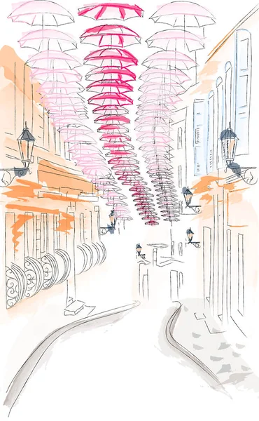 Provence Straße Mit Bunten Regenschirmen Vektor Linie Kunst Vintage Karte — Stockvektor