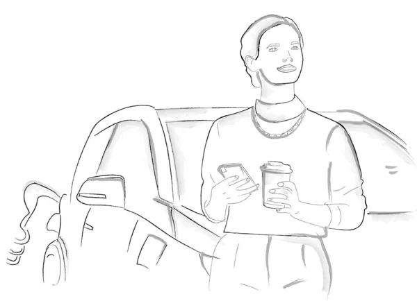 Žena Pití Kávy Při Nabíjení Elektrické Auto Vektor Storyboard — Stockový vektor