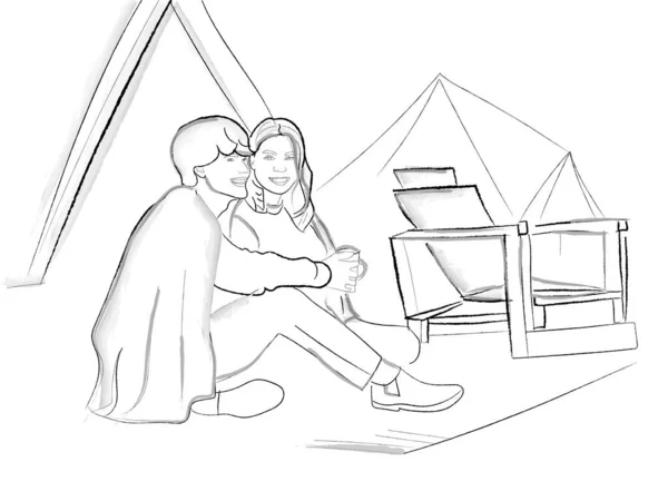 Esboço Storyboard Vetorial Acampamento Casal — Vetor de Stock